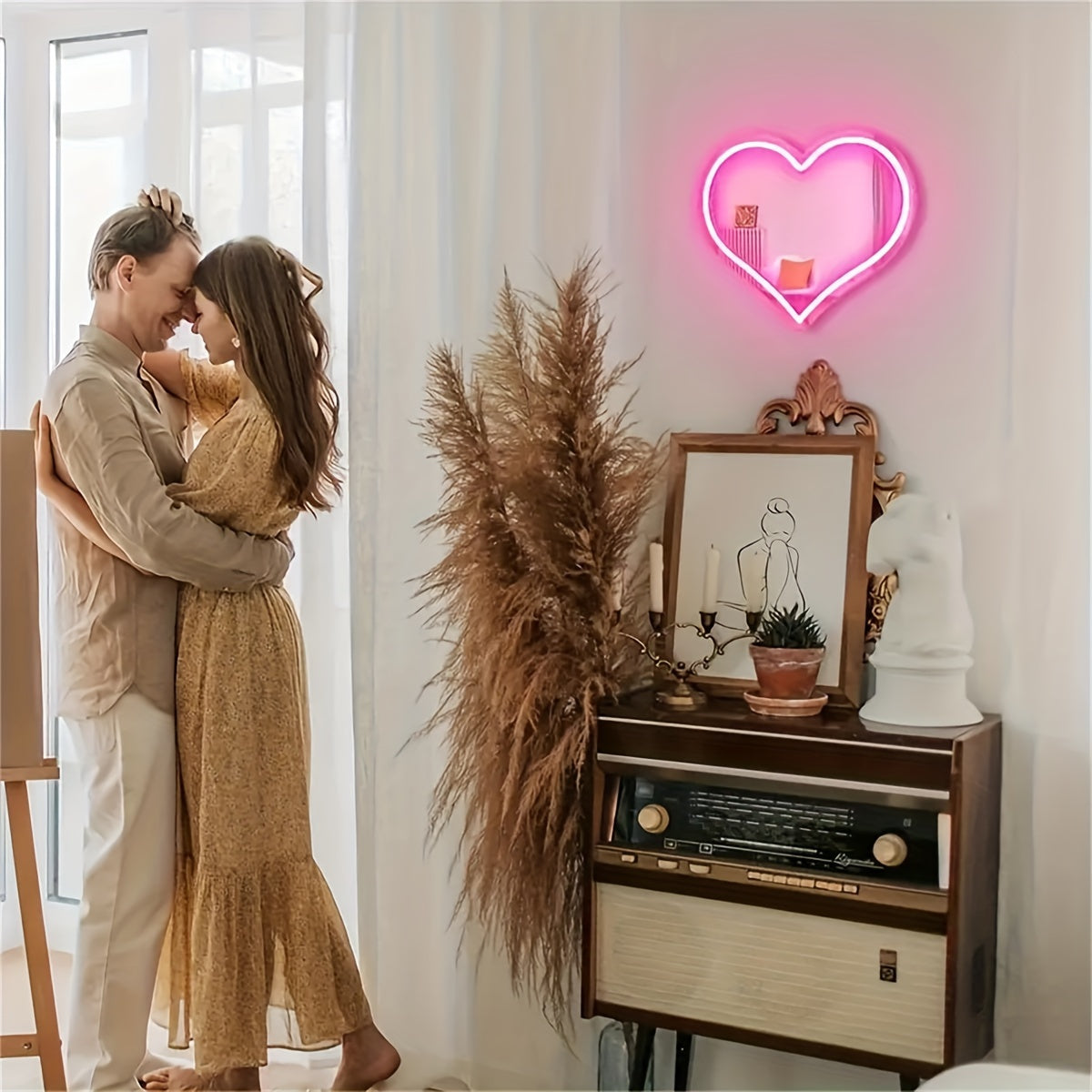 Pink Heart Neon Wall Decor USB-Powered Mirror with Switch Control