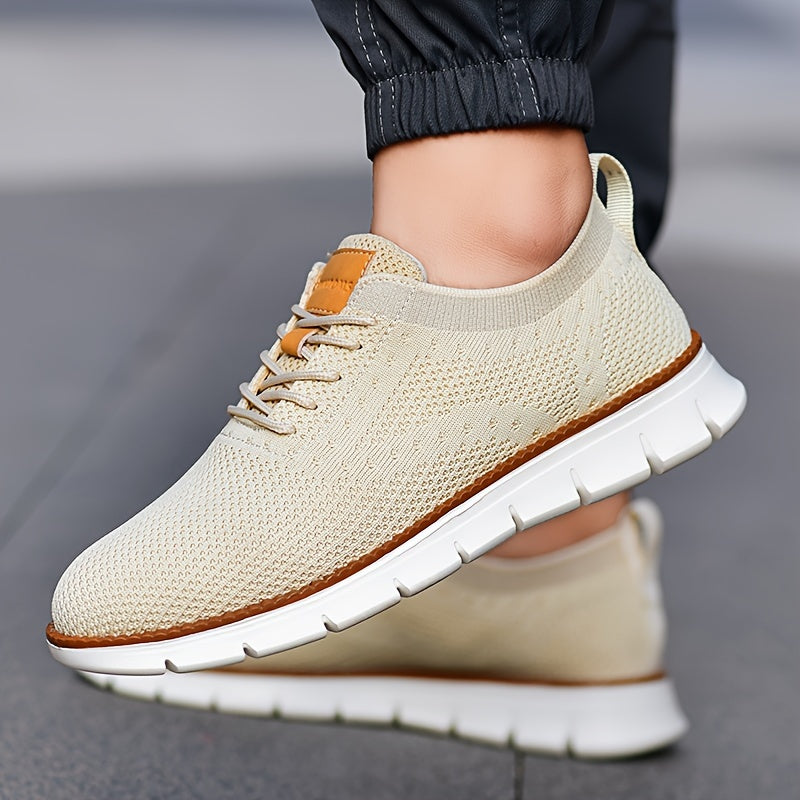 Men's Breathable Knit Business Casual Shoes Beige Brown Leather Upper EVA Sole Round Toe All-Season