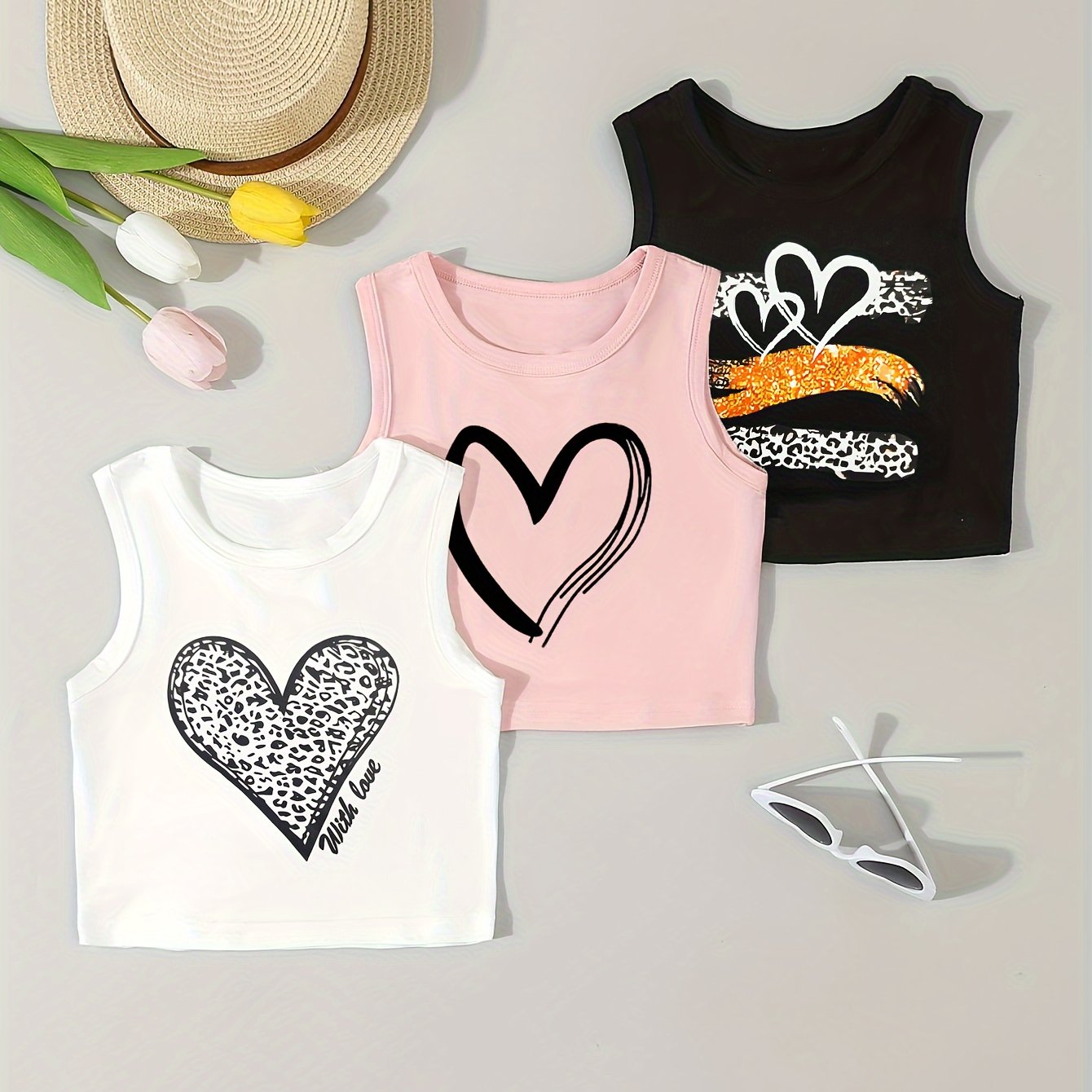Girls' Summer Knit Vest 3-Pack Heart Pattern Casual Outfits for Ages 3+