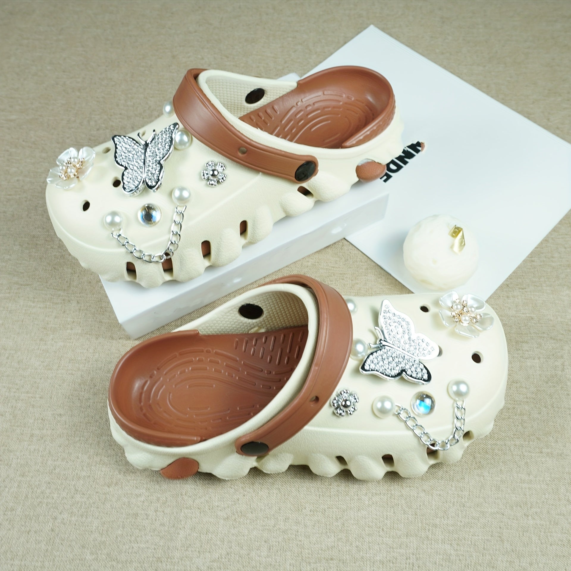 Women's Color-Block EVA Clogs with Rhinestone Butterfly and Flower Charms