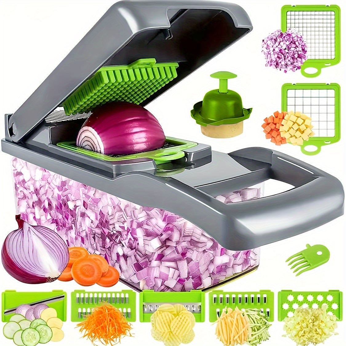 14-in-1 Vegetable Chopper Set with Container and 8 Cutters for Onion, Potato, Carrot
