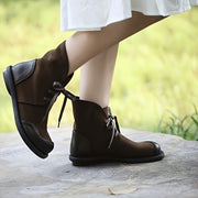 Women Leather Ankle Boots Casual Lace-Up Rubber Sole Winter Solid Color