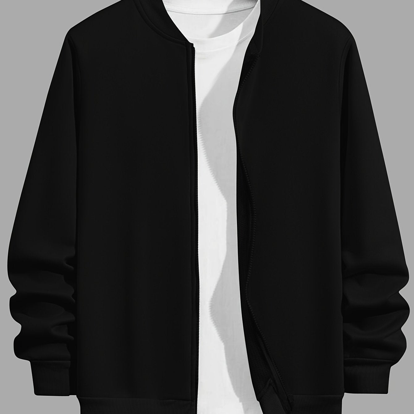 Katta o'lchamdagi erkaklar uchun zip-up kurtka, bir rangda va beysbol yaka bilan, kuz va qish uchun mukammal.