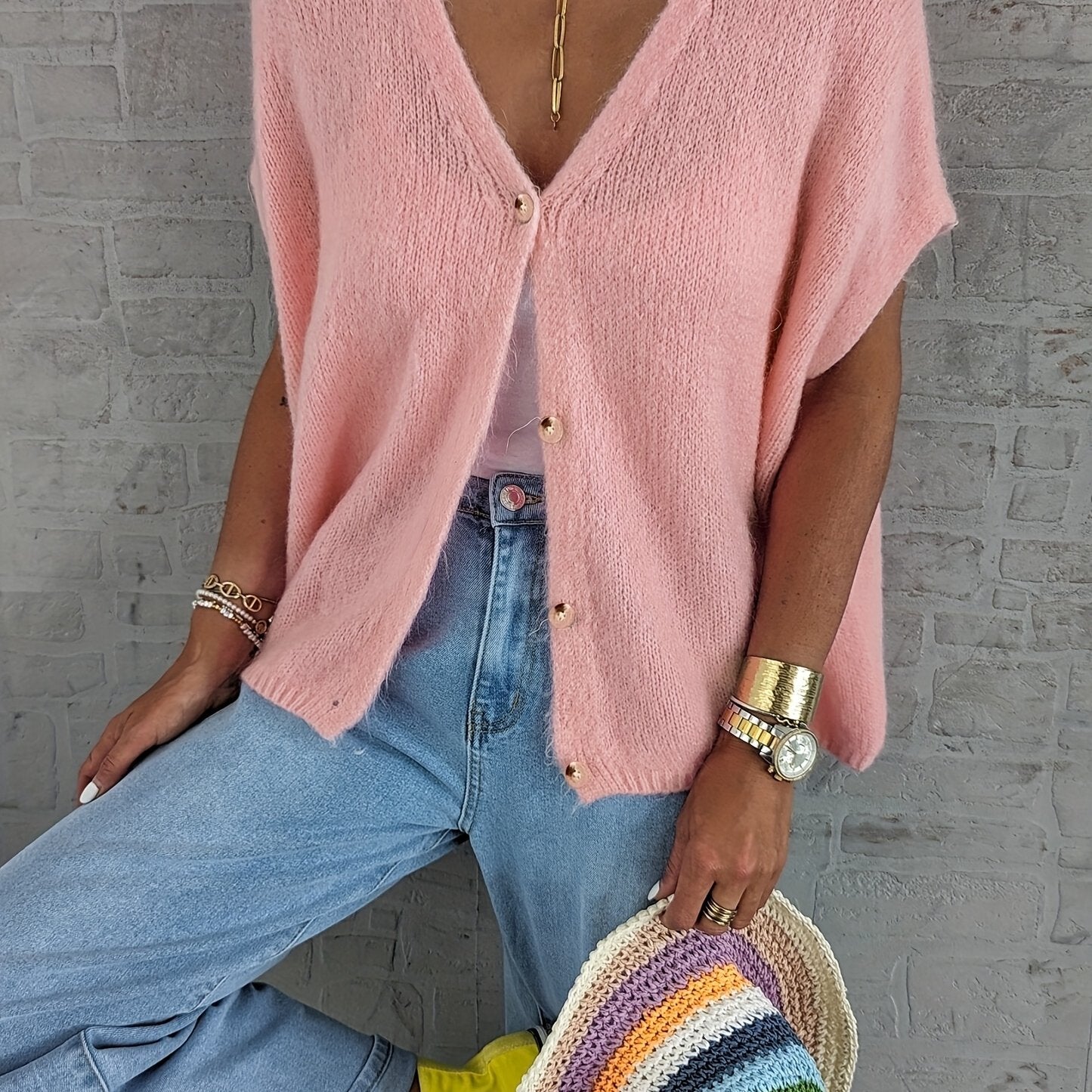 Women's Knit Cardigan Spring Summer Solid Color Button Collarless Polyester