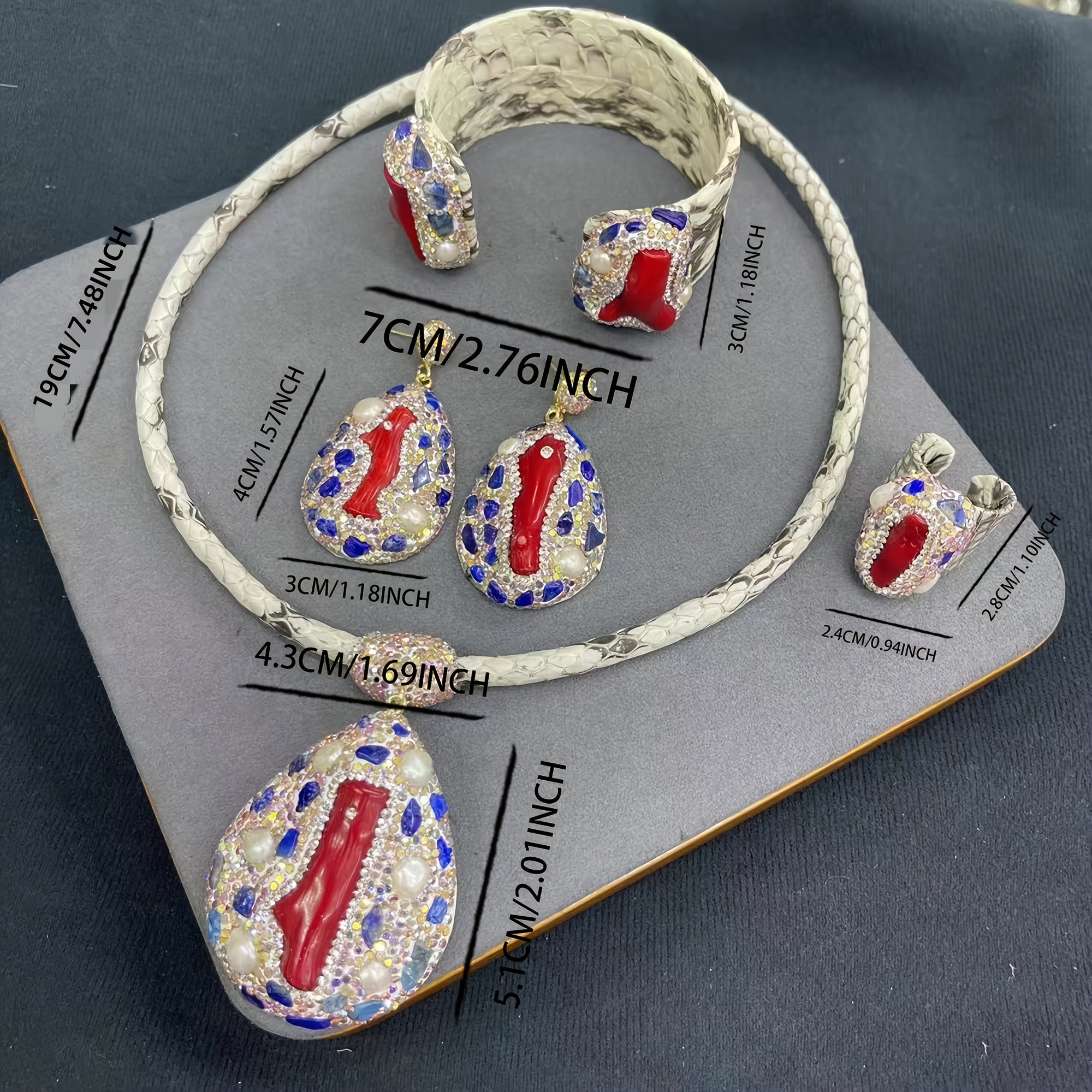 Vintage Drop Shape Dangle Earrings with Natural Stone Inlay and Matching Ring Bangle Necklace Jewelry