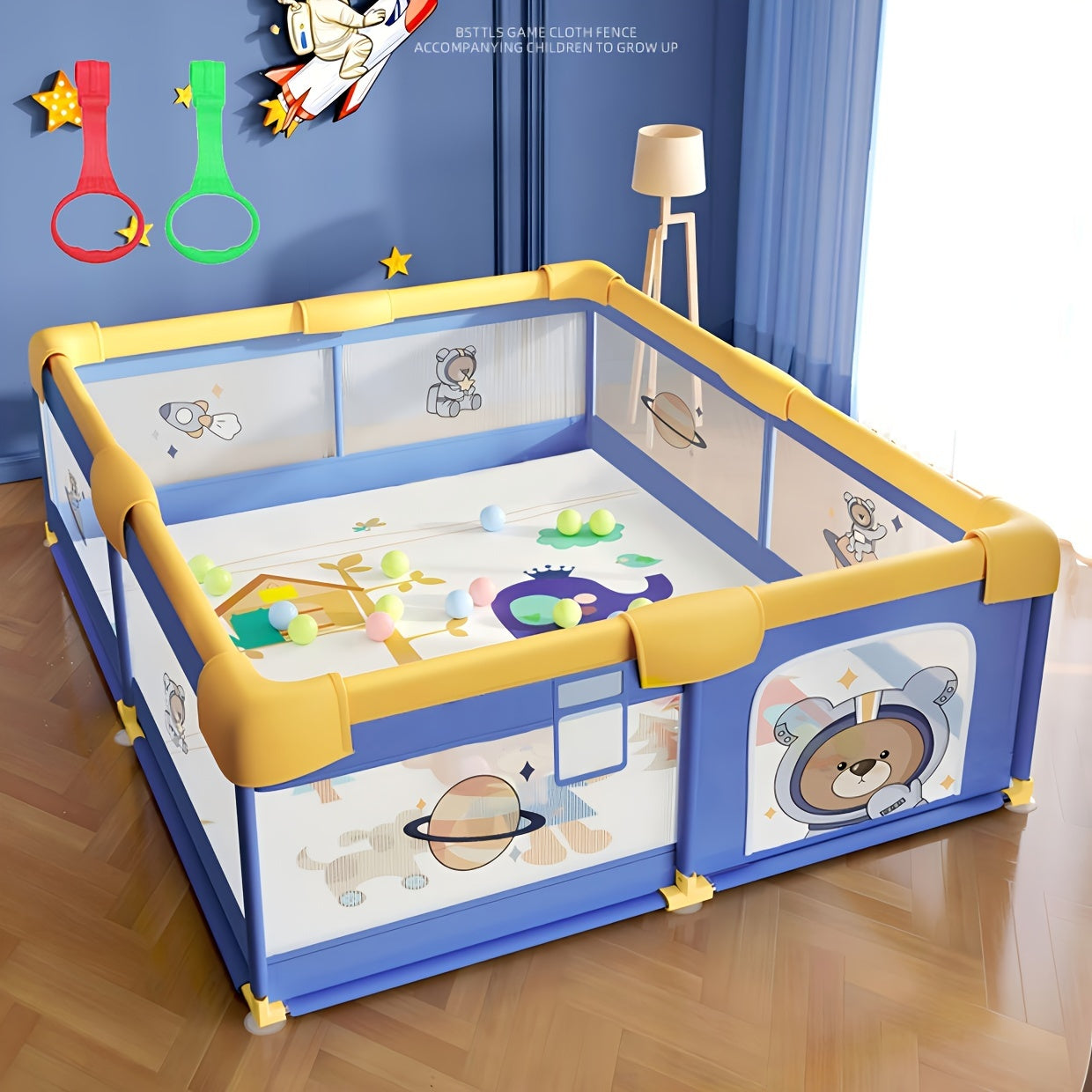 Kids Playpen with Panda Design 150cm x 180cm Blue and Yellow Cloth with Pull Rings