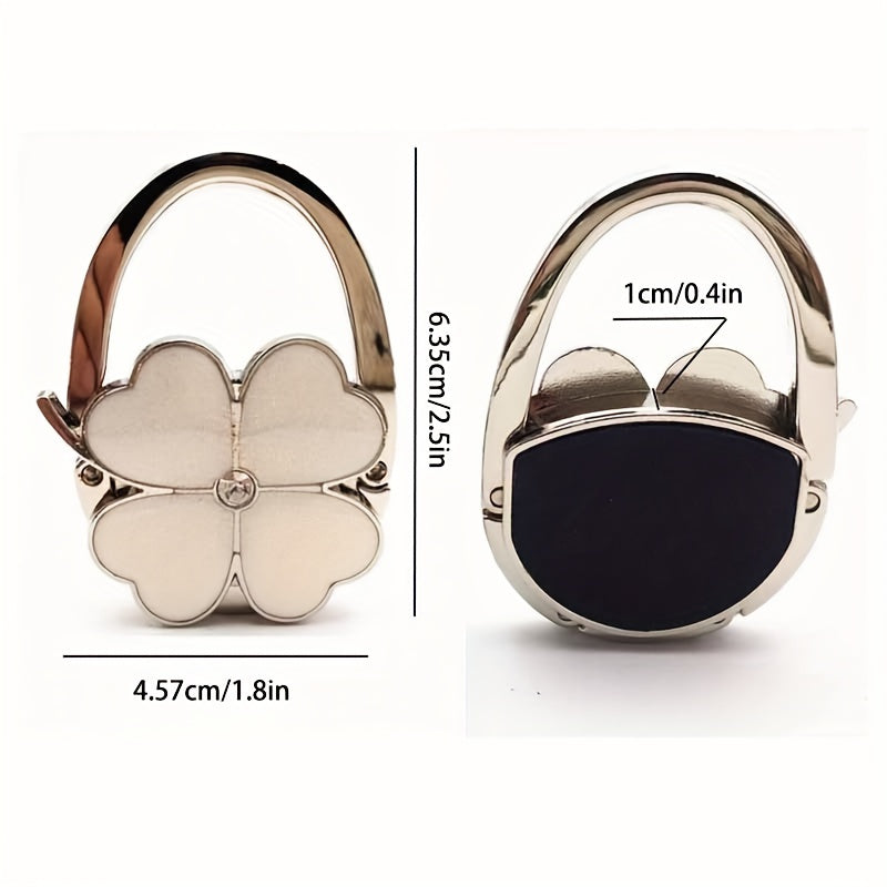 Foldable Metal Bag Hook with White Clover Design, Portable Handbag and Wallet Table Hook