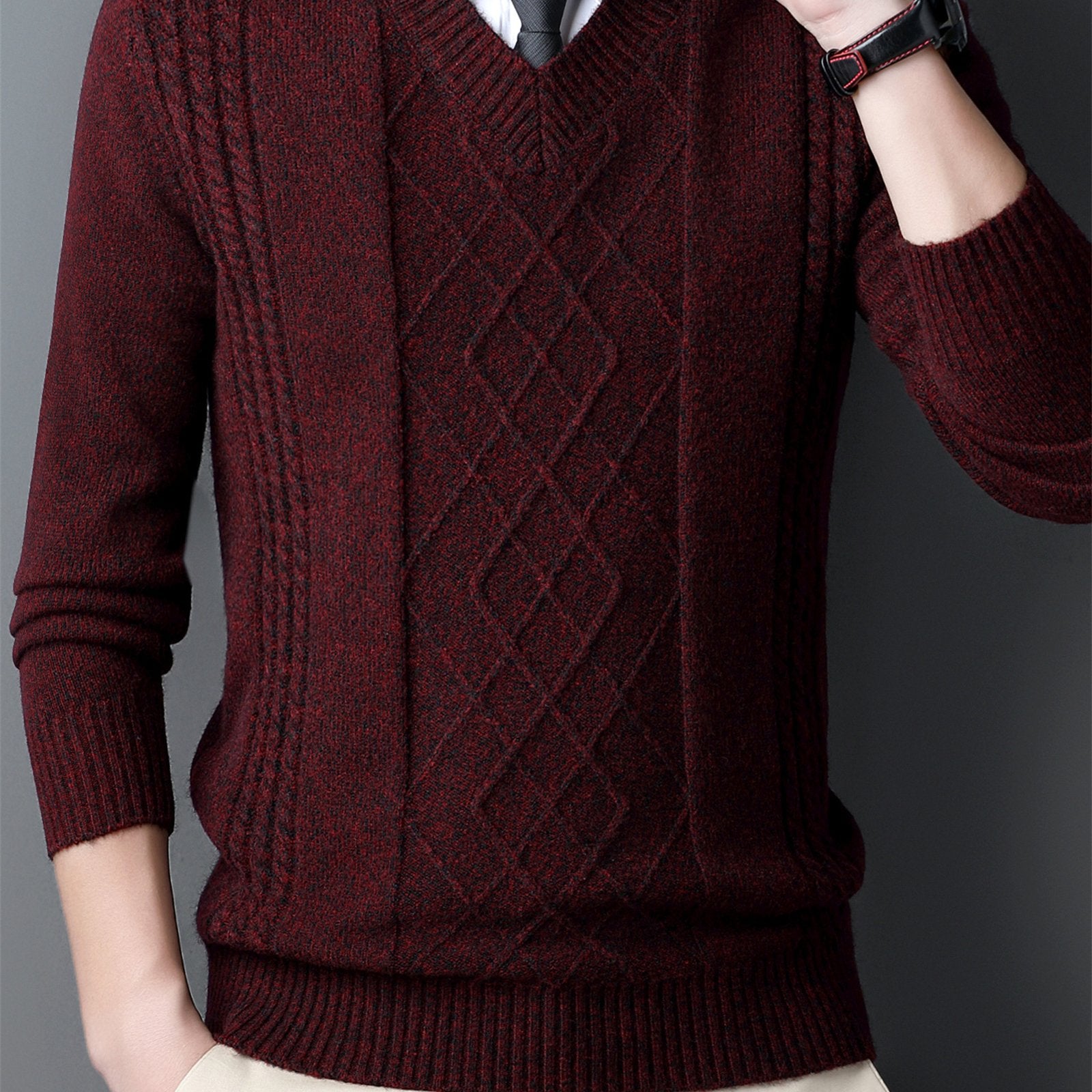 Men's Red V-Neck Sweater with Diamond Pattern Knit Long Sleeve Fall Winter Layering