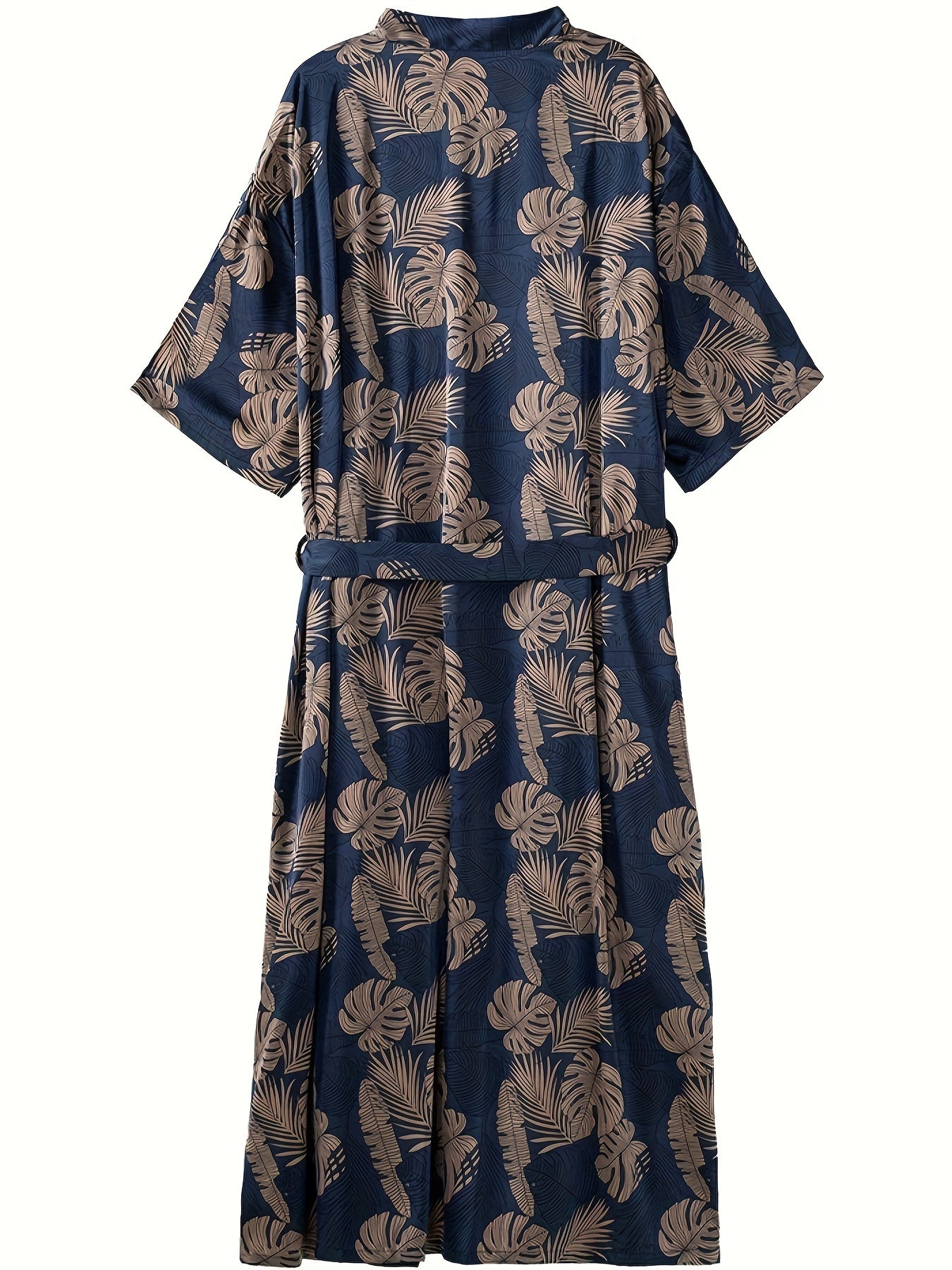 Men's Summer Sleep Robe Loose Fit V-Neck Leaf Print Plus Size Breathable Polyester