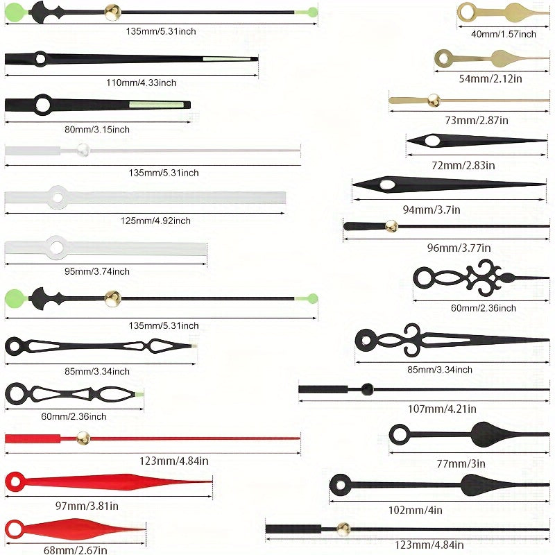 54 ta qismdan iborat DIY soat ta'mirlash to'plami, 6 ta kvarts harakati va 24 ta qo'lni o'z ichiga oladi. Plastikdan tayyorlangan. Devor soati mexanizmi va noyob bezak uchun yig'ish talab etiladi.