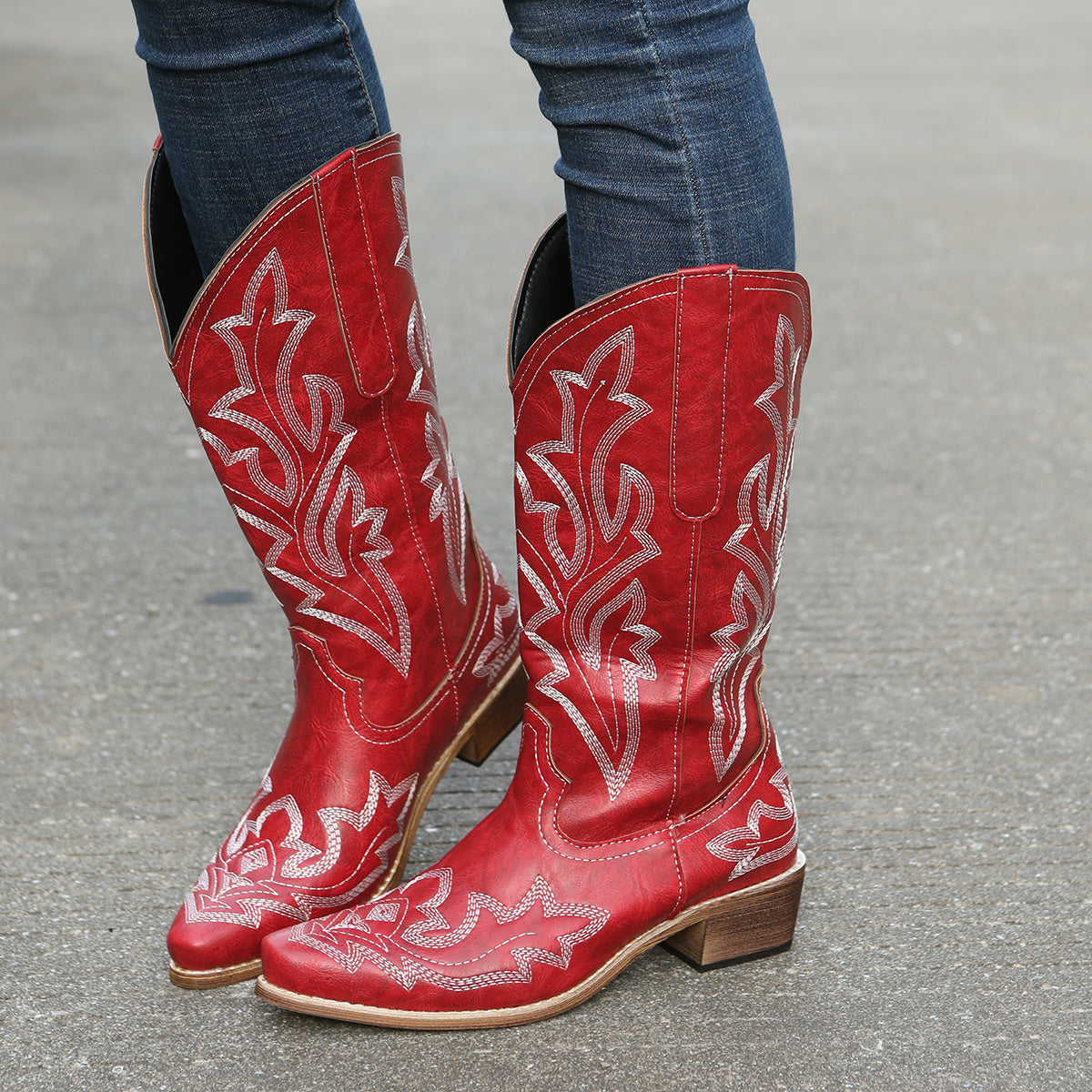 Women's Mid Calf Leather Western Cowboy Boots With Embroidery