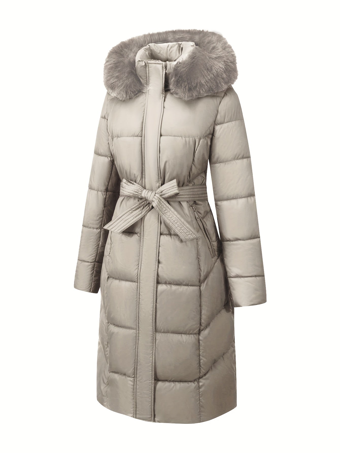 Women's Midi Winter Coat with Faux Fur Hood Belt Solid Polyester Outerwear