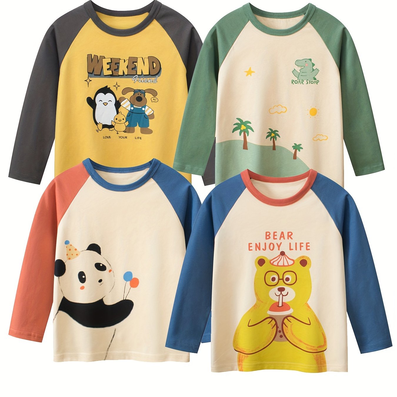 Kids' Long Sleeve Cotton T-Shirts Set for Boys with Cartoon Graphics in Yellow Green Blue Orange for Spring Fall Casual Wear