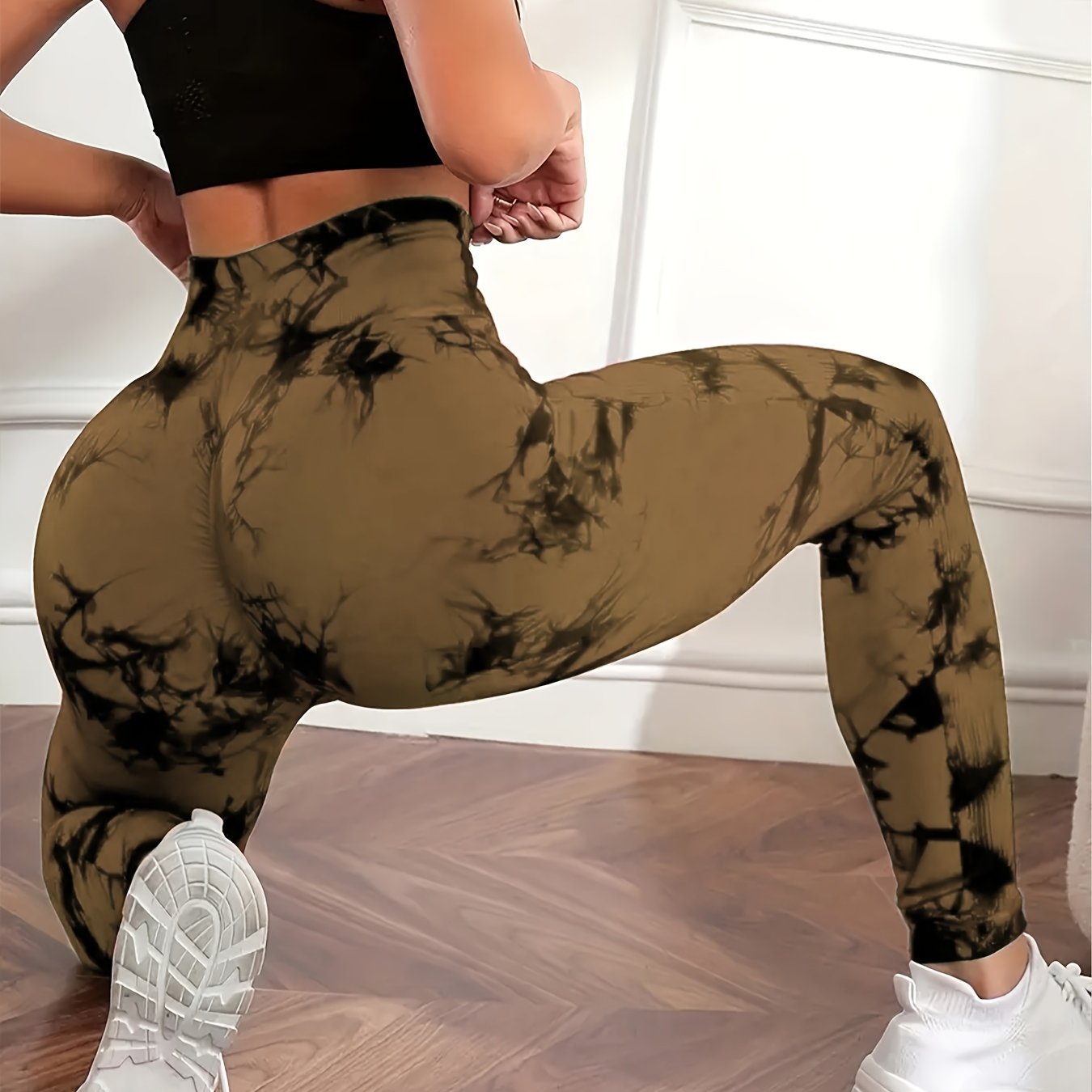 Women's High-Waist Peach Tie-Dye Yoga Leggings Seamless Breathable Nylon Elastane
