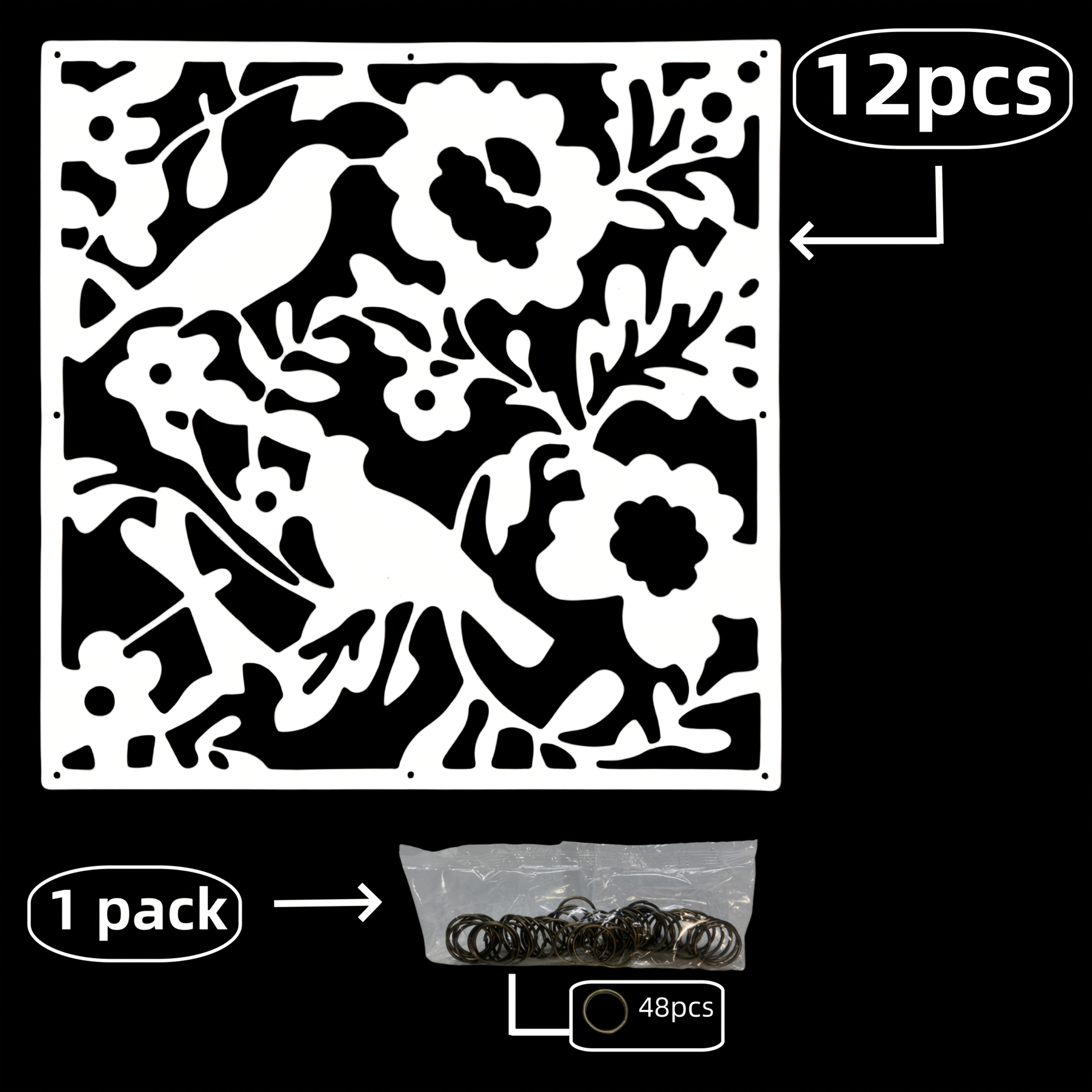 12pcs Vintage Bird Pattern Room Divider Panels in Black and White Plastic for Living Room Bedroom Office