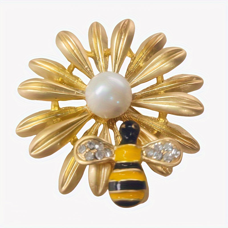 Vintage Alloy Bee Sunflower Brooch Pin with Rhinestone Accent