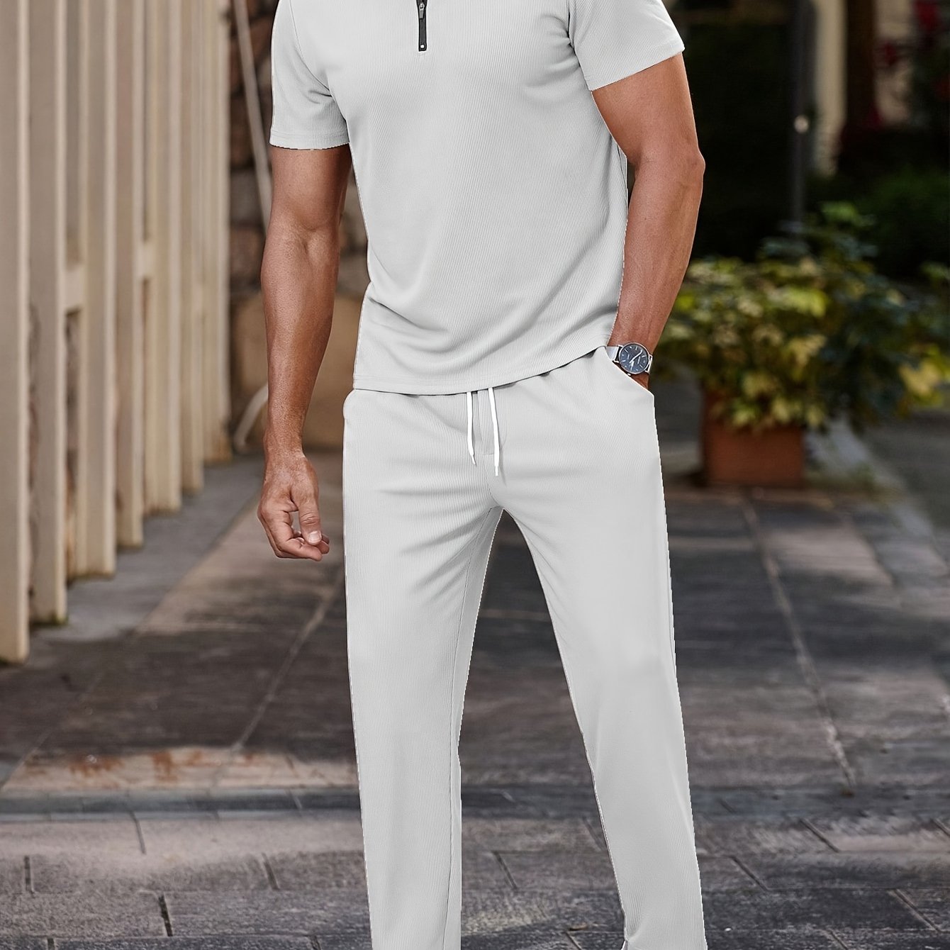 Men's Casual Outfit Polyester Short Sleeve Half-Zip Shirt and Drawstring Pants Summer