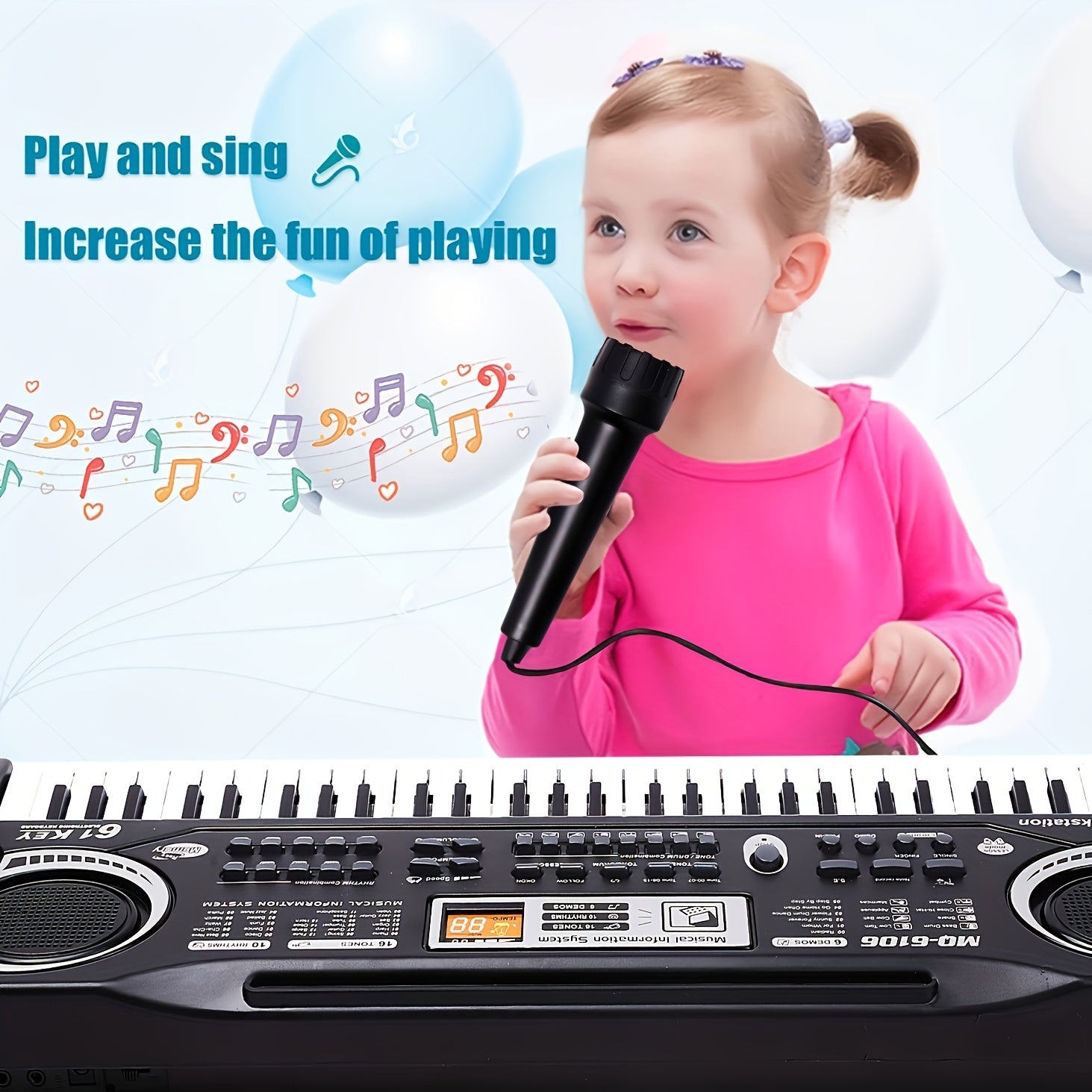 Qora 61 kalitli raqamli fortepiano klaviaturasi mikrofon, batareya va USB quvvat bilan