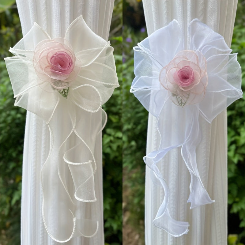 Pasador de cortina de encaje blanco con rosa artificial, cinta de organza transparente para dormitorio, sala de estar, cocina, boda, Navidad