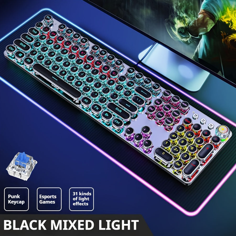 Full Size Mechanical Gaming Keyboard 104 Keys Metal Panel Backlit USB Wired with Multimedia Knob Black Switches