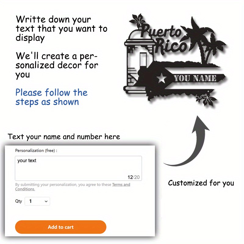 Personalized Name Metal Sign with Puerto Rico Flag Wall Art for Home and Outdoor Decor