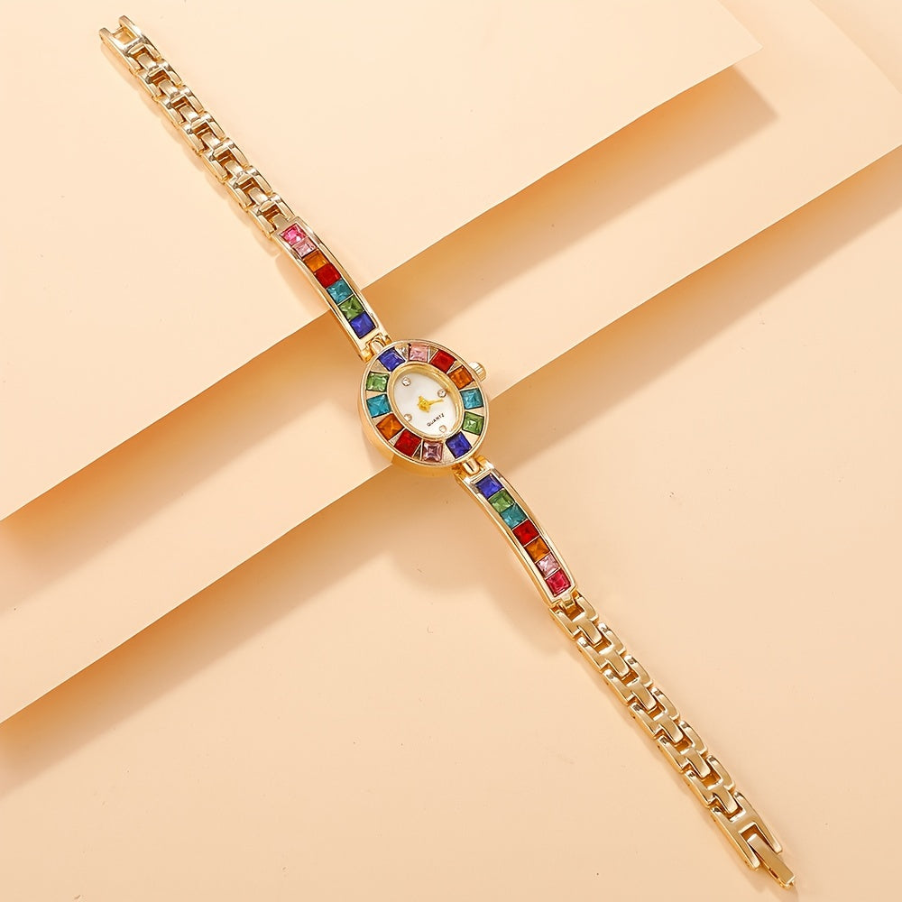 Women's Gold-Tone Watch with Colorful Rhinestones for Gift Occasions