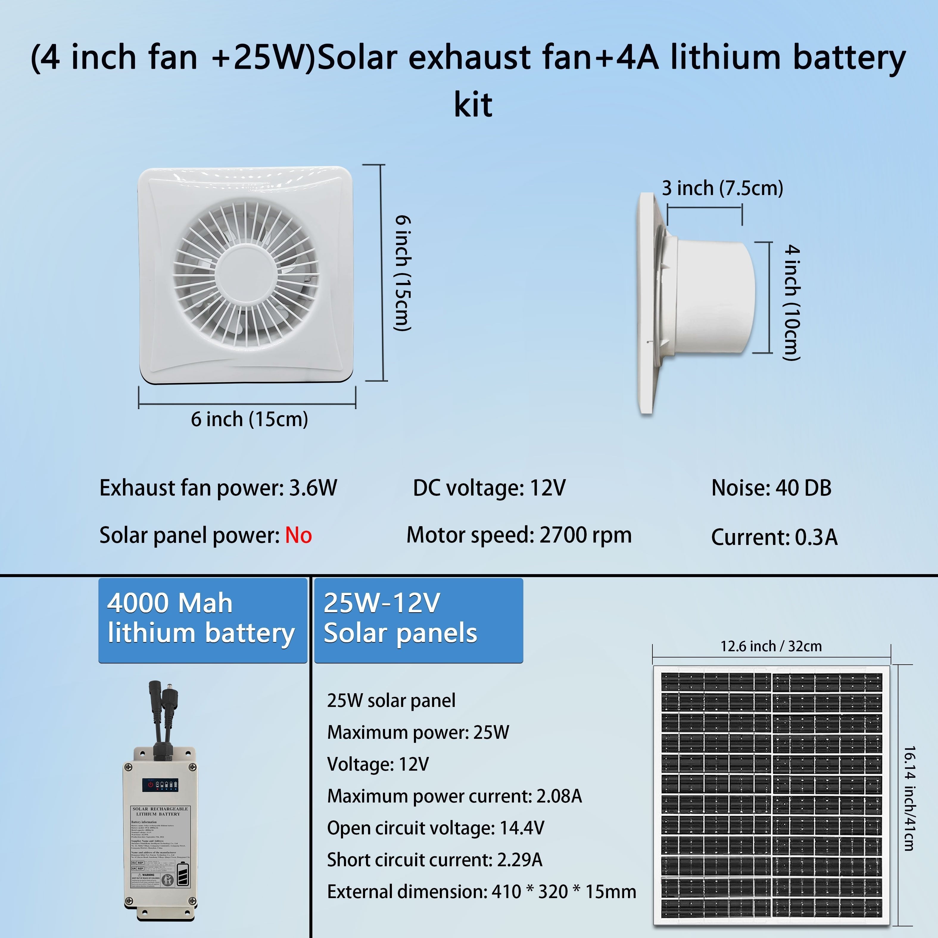 25W Solar-Powered Exhaust Fan with 4000mAh Battery for Greenhouses Sheds Chicken Coops Pet Houses