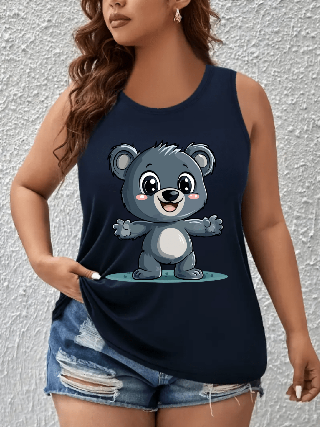 Women's Plus Size Off-Shoulder Vest Top With Cartoon Koala Print Breathable Stretchy Fabric