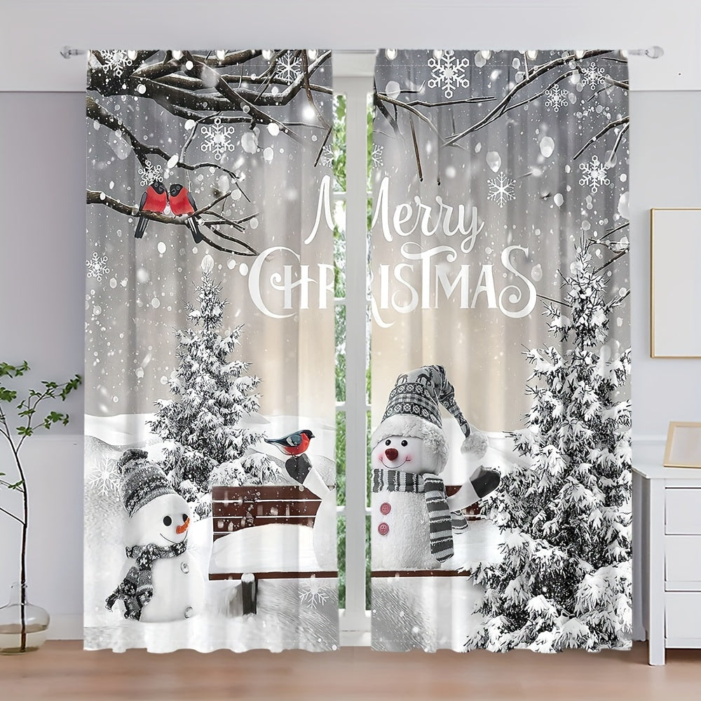 Christmas Curtains Set Snowman Pine Tree Semi-Sheer Polyester Easy Hang