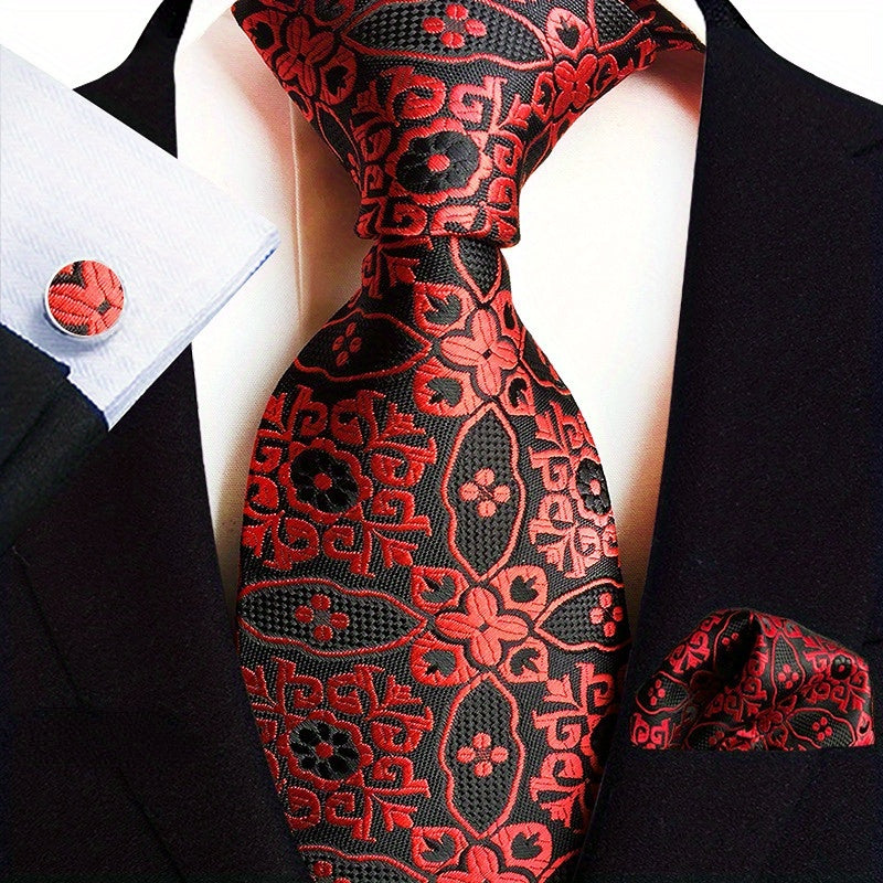 Set of 3 Paisley Jacquard Woven Neckties with Cufflinks and Pocket Squares for Men