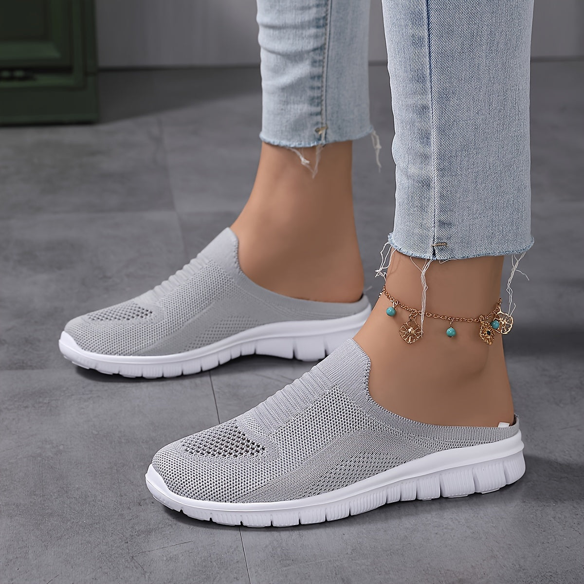 Women's Knit Flat Mules Solid Color Closed Toe Non Slip Casual Shoes