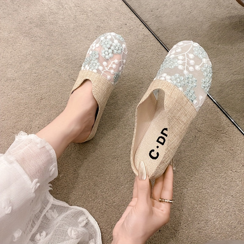 Women's Slip-On Sandals Linen Mesh Flat Casual Summer Round Toe
