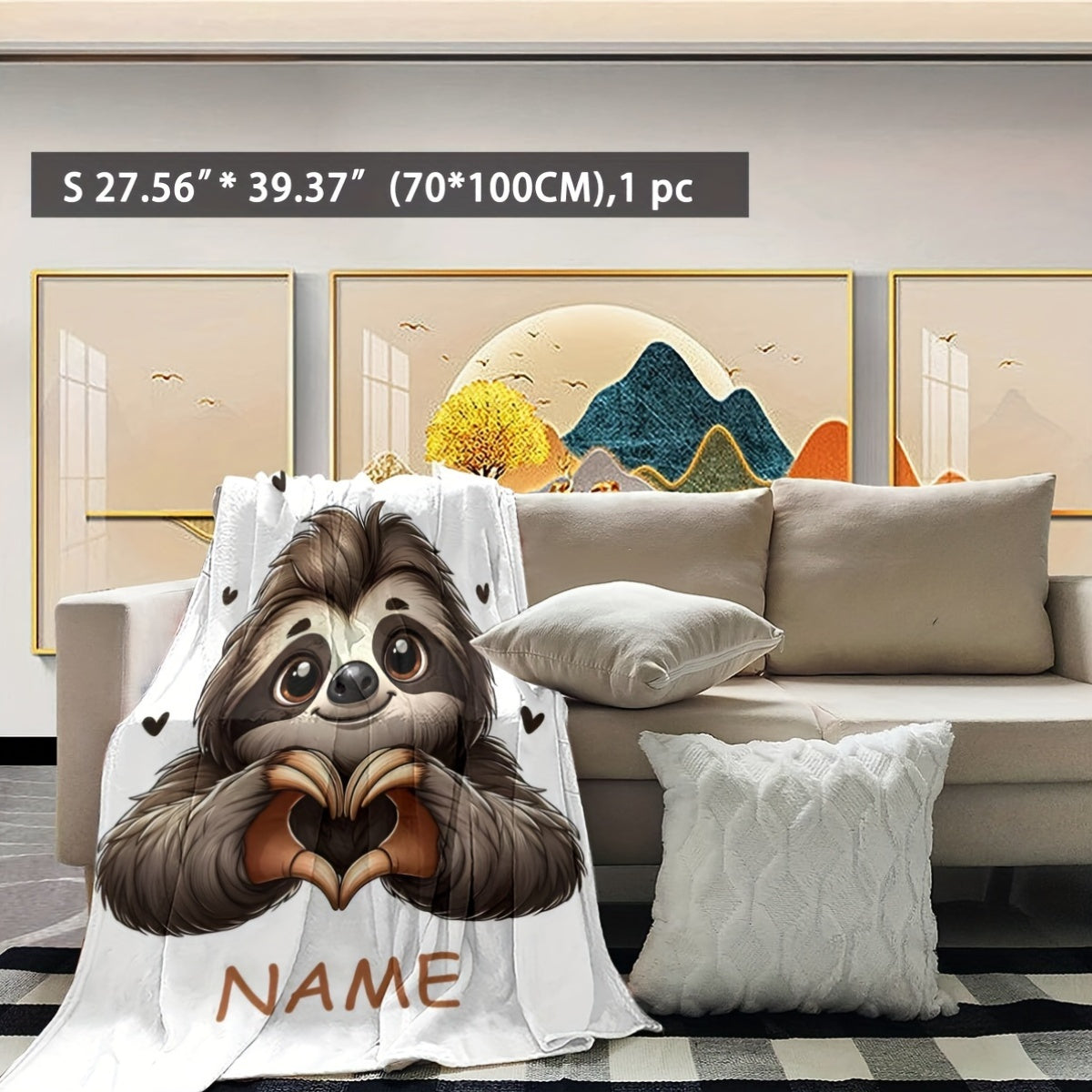 Personalized Sloth Heart Gesture Flannel Fleece Throw Blanket Cozy Skin-Friendly Quilted for Home Office Sofa