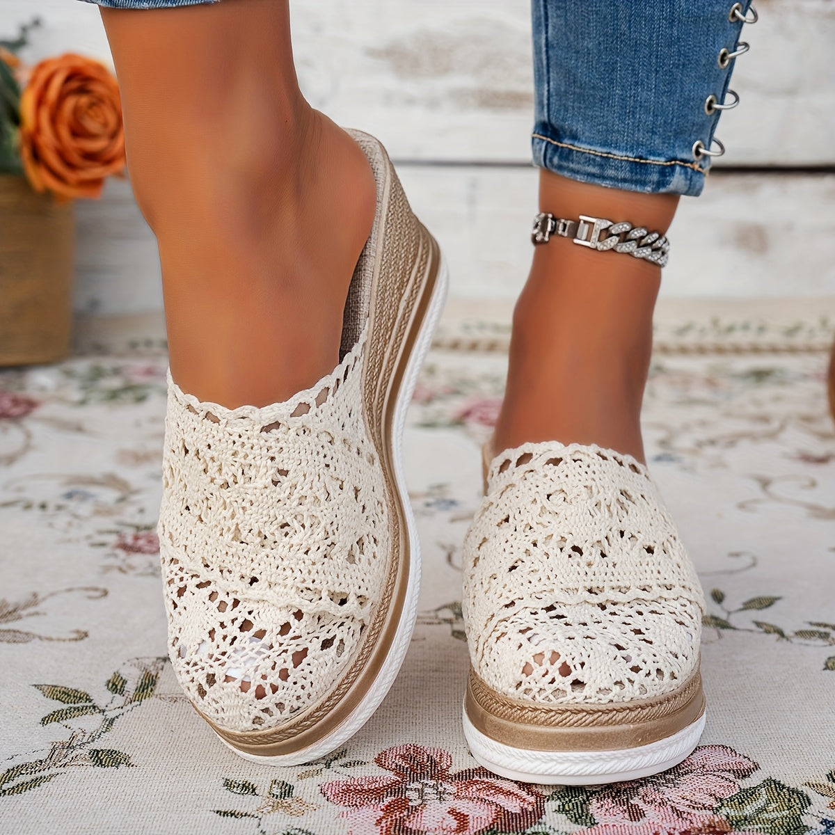 Women's Bohemian Slip-On Sandals with Cushioned PU Sole and Lace Cutouts