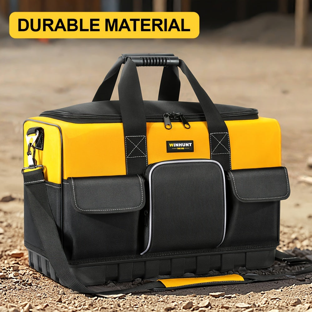 Large Waterproof Heavy Duty Tool Bag with Molded Base Polyester Black Yellow Adjustable Shoulder Strap
