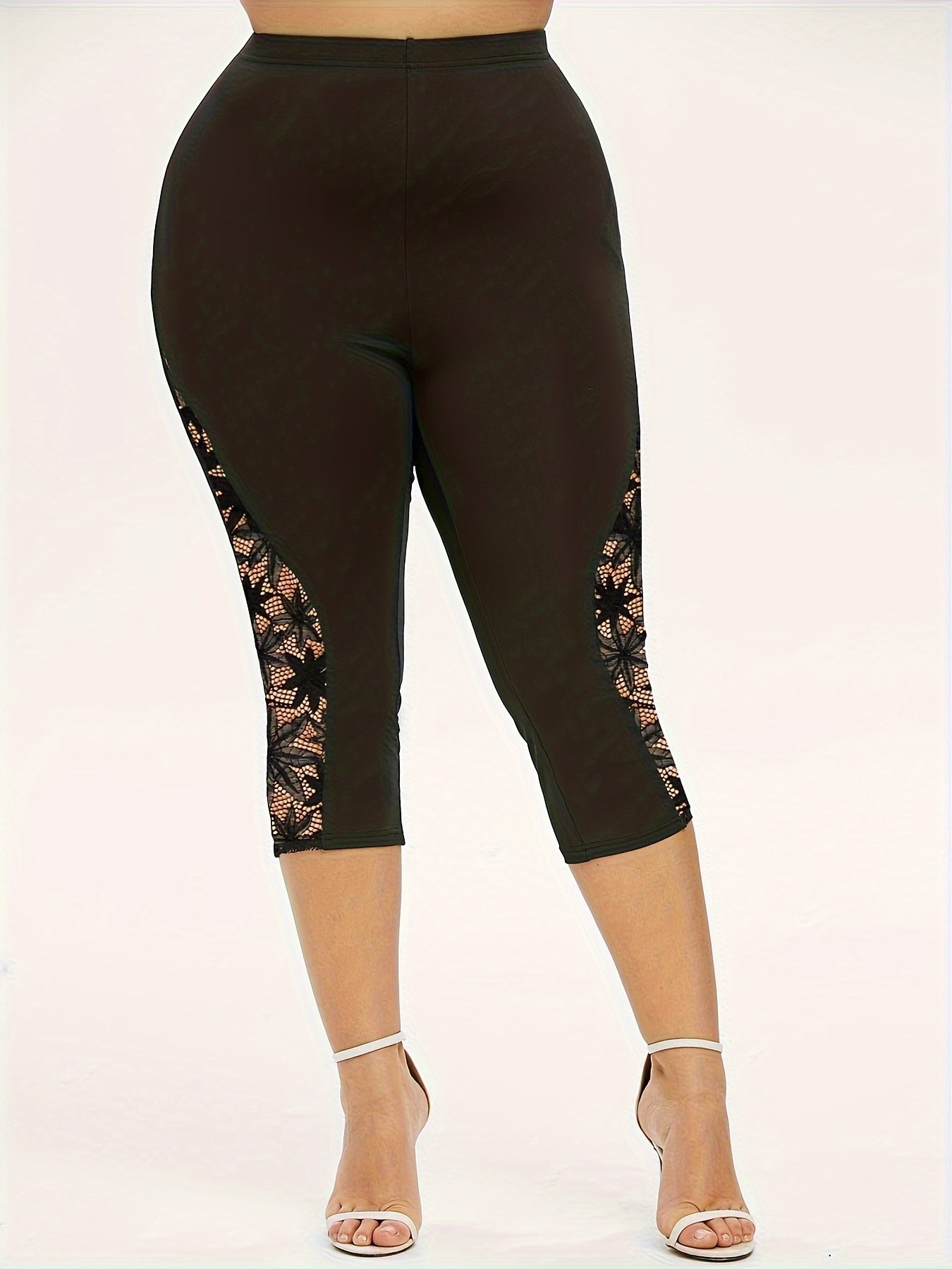 Women's Plus Size High-Waisted Capri Pants with Lace Detail Black White