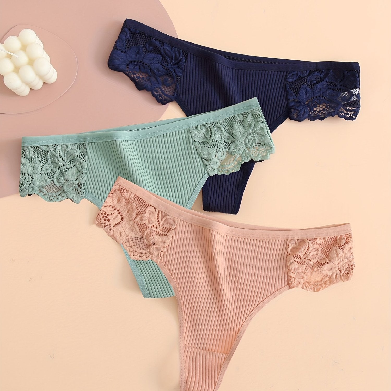 Women's Cotton Lace Thongs Set 3 Pack Soft Ribbed Comfortable Underwear