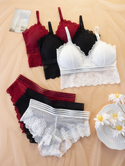 Women's Lace Push Up Bra and Mesh Panties Set with 3 Pieces