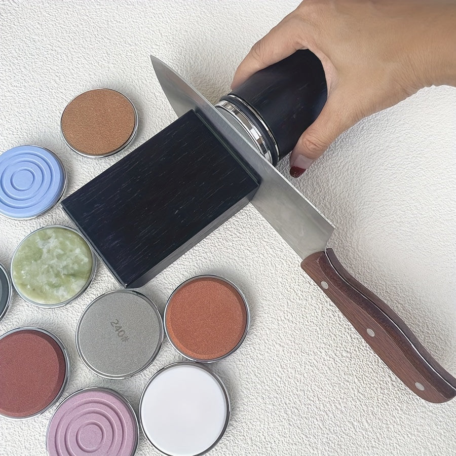 Wooden knife sharpener with diamond sharpening stone, uncharged magnetic rolling system, adjustable angle with rollers, kitchen grinding tool accessory.