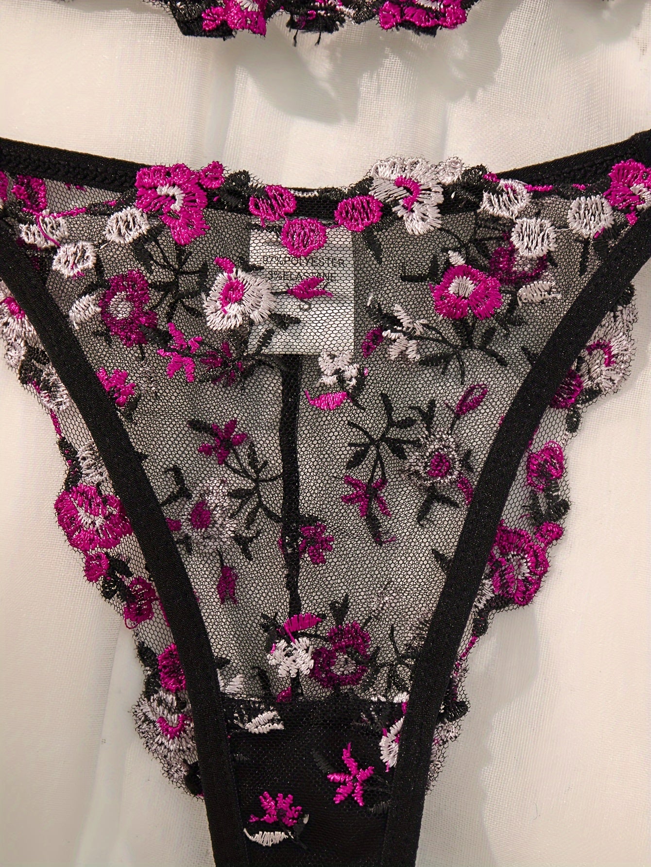 Black Floral Embroidered Lingerie Set with Sheer Mesh Bra and Low-Rise Thong