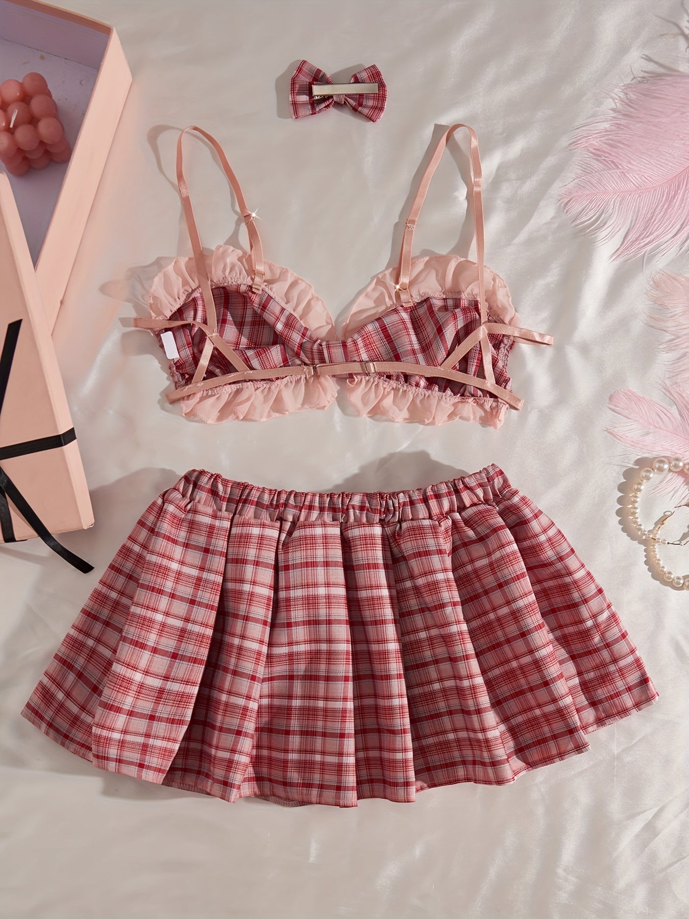 Plaid Bralette and Skirt Set with Bow Hair Clip Polyester Pleated Lingerie
