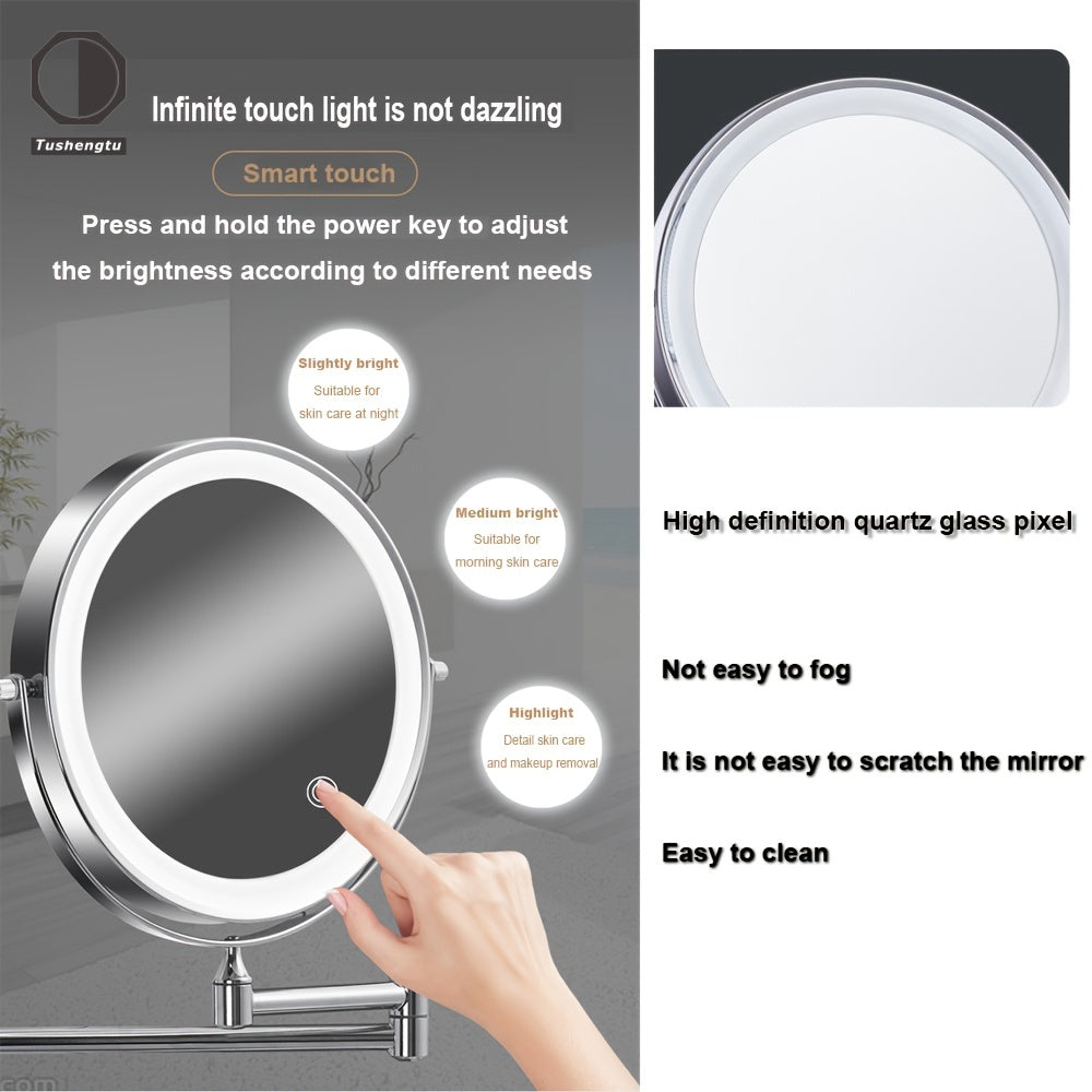 Wall-Mounted LED Makeup Mirror with Double-Sided Magnification 1X/10X Adjustable Brightness Chrome Frame