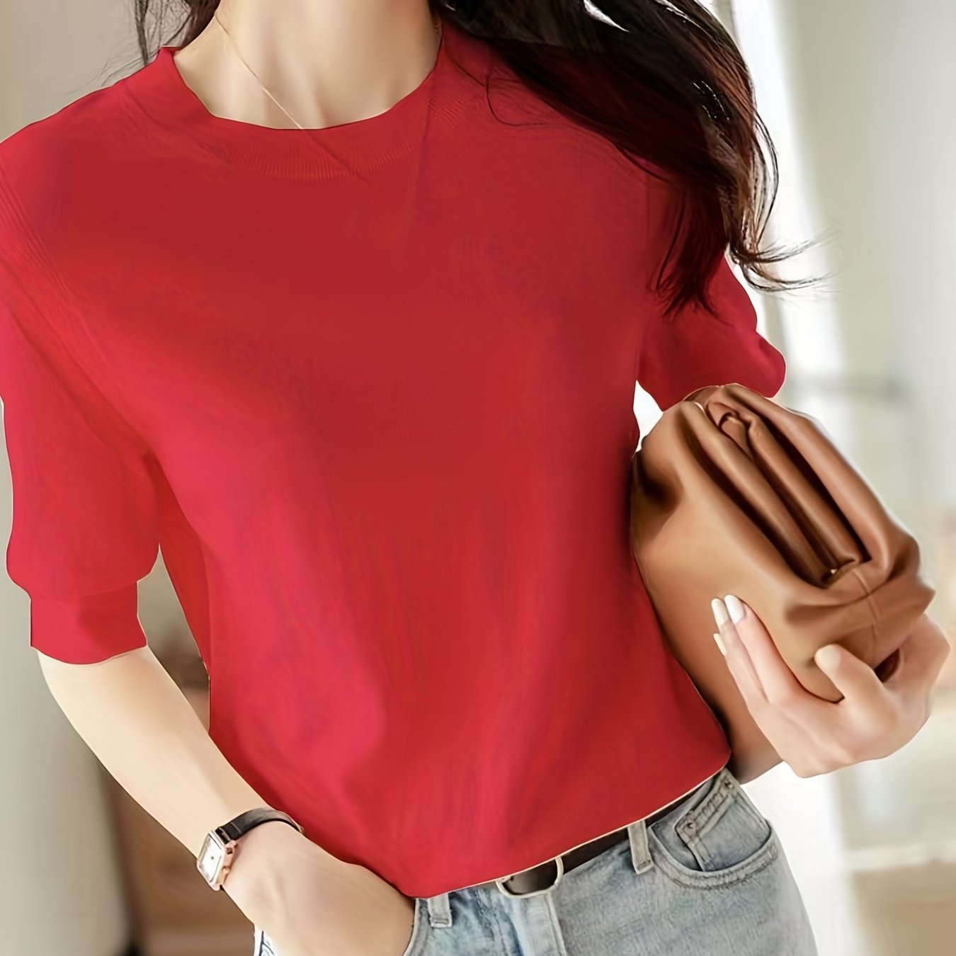 Women's Knit Sweater Crew Neck Solid Short Sleeve Spring Summer Casual