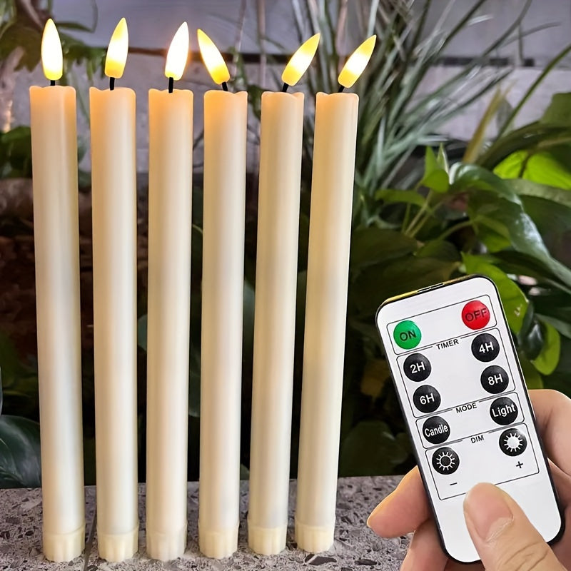Six Modern LED Taper Candles with Flickering Flame Effect Remote Control Timer Adjustable Lighting Battery-Operated