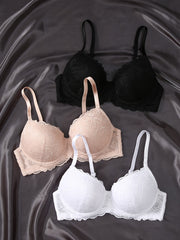 Set of 3 Lace Bras Black Beige White Breathable Underwire Non-Padded Knit Lingerie