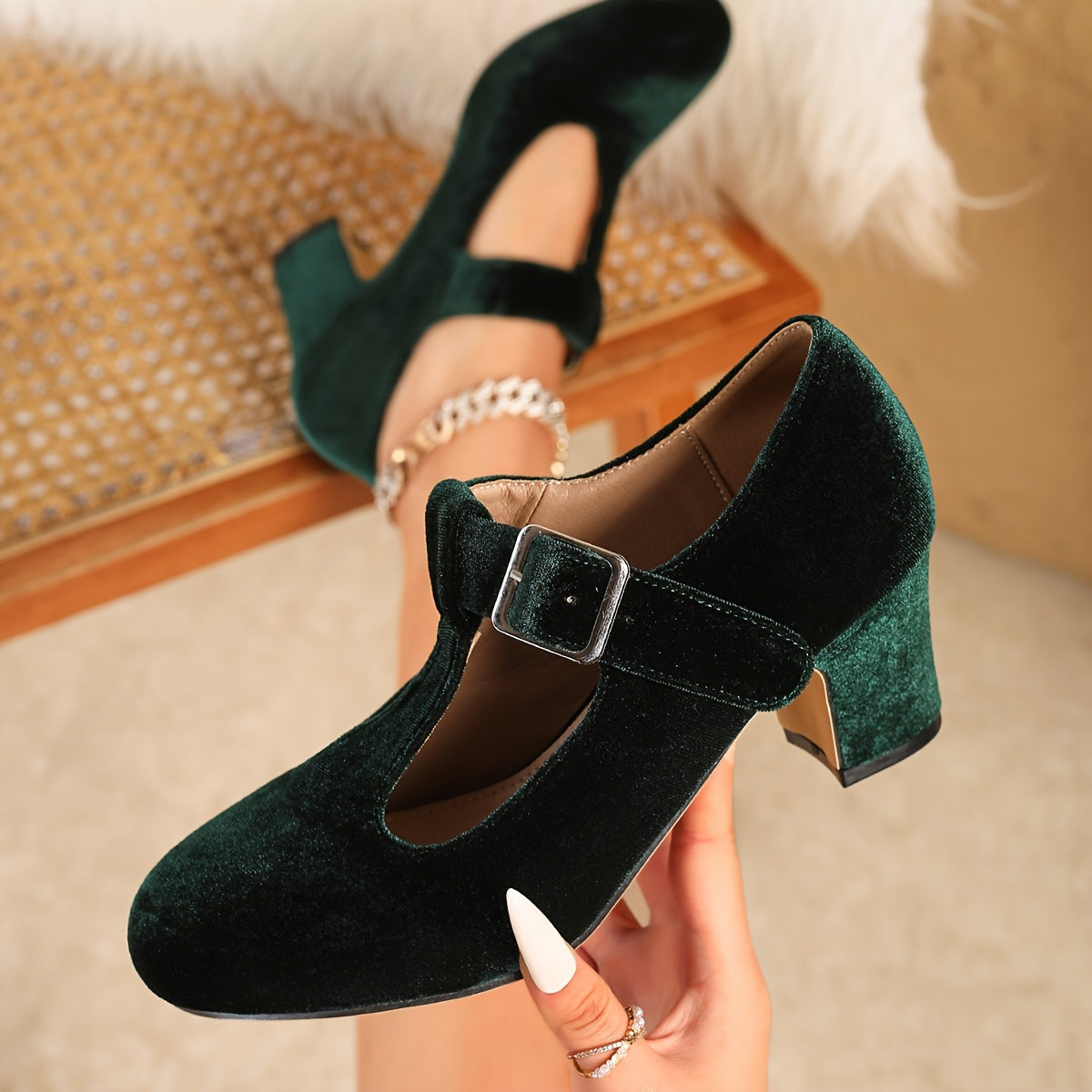 Women's Velvet Mary Jane Pumps with Ankle Strap and Round Toe