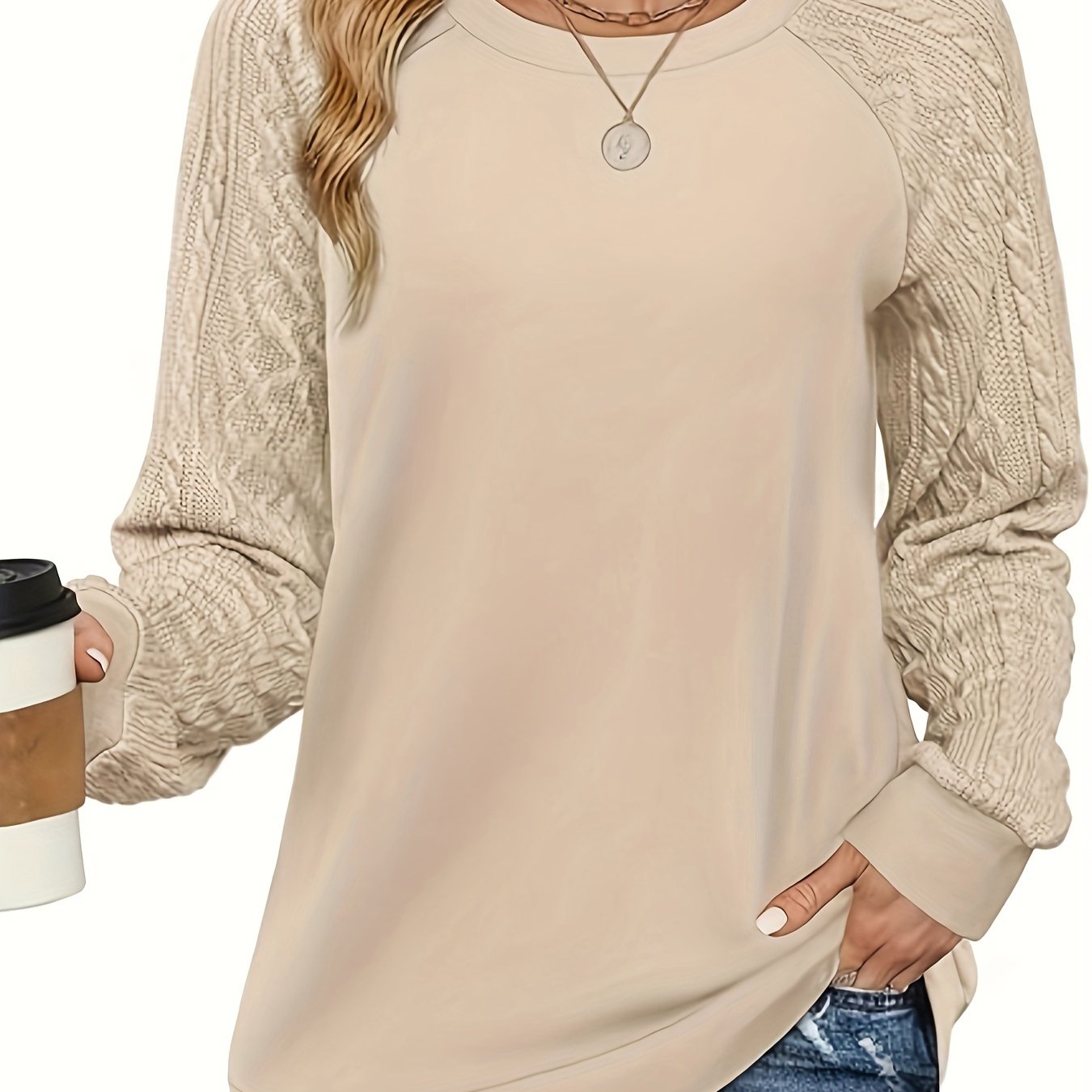 Ayollar uchun tasodifiy jigarrang kabel to'qilgan sviter, uzun yenglar, dumaloq bo'yin, cho'ziluvchan polyester aralashmasi. Mashinada yuvish mumkin va qulay.