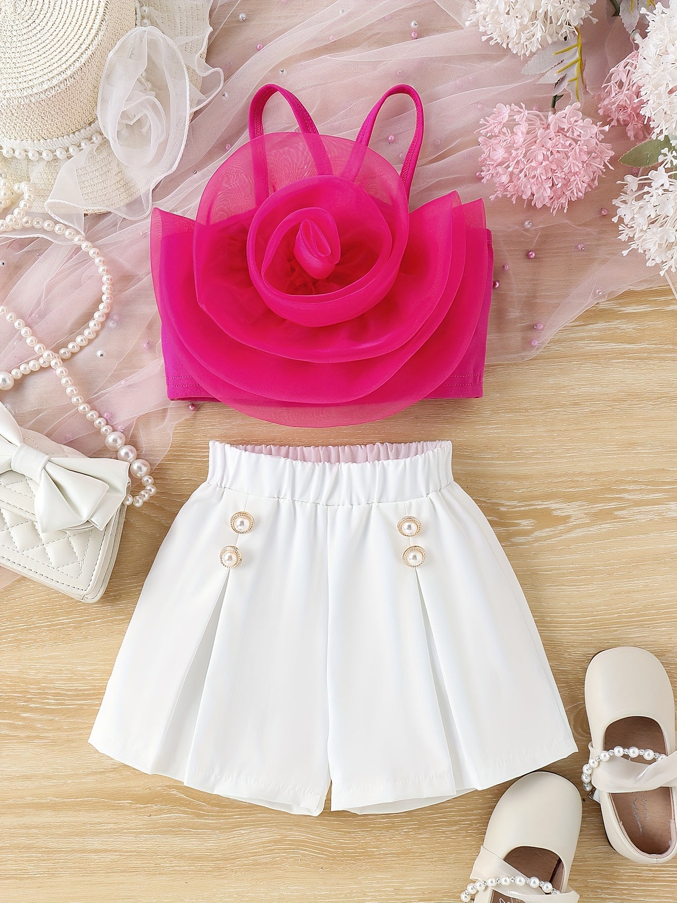 Girls Summer Outfit 3D Rose Floral Camisole and Shorts Set Polyester Casual for Kids