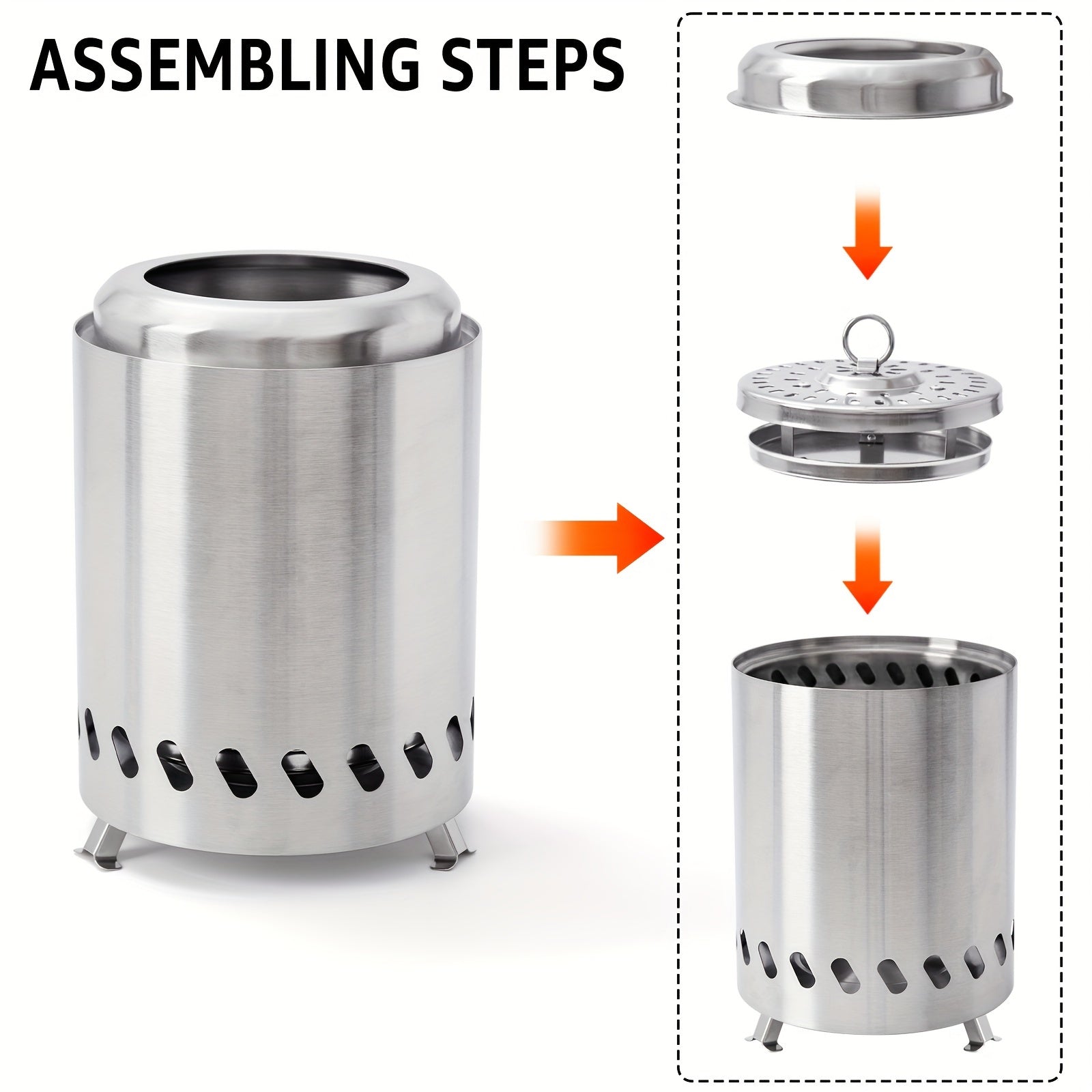 Stol usti olov pit, kichik va portativ, tutunsiz, yog'och yoki pelletlar bilan ishlaydi, zanglamaydigan po'latdan.
