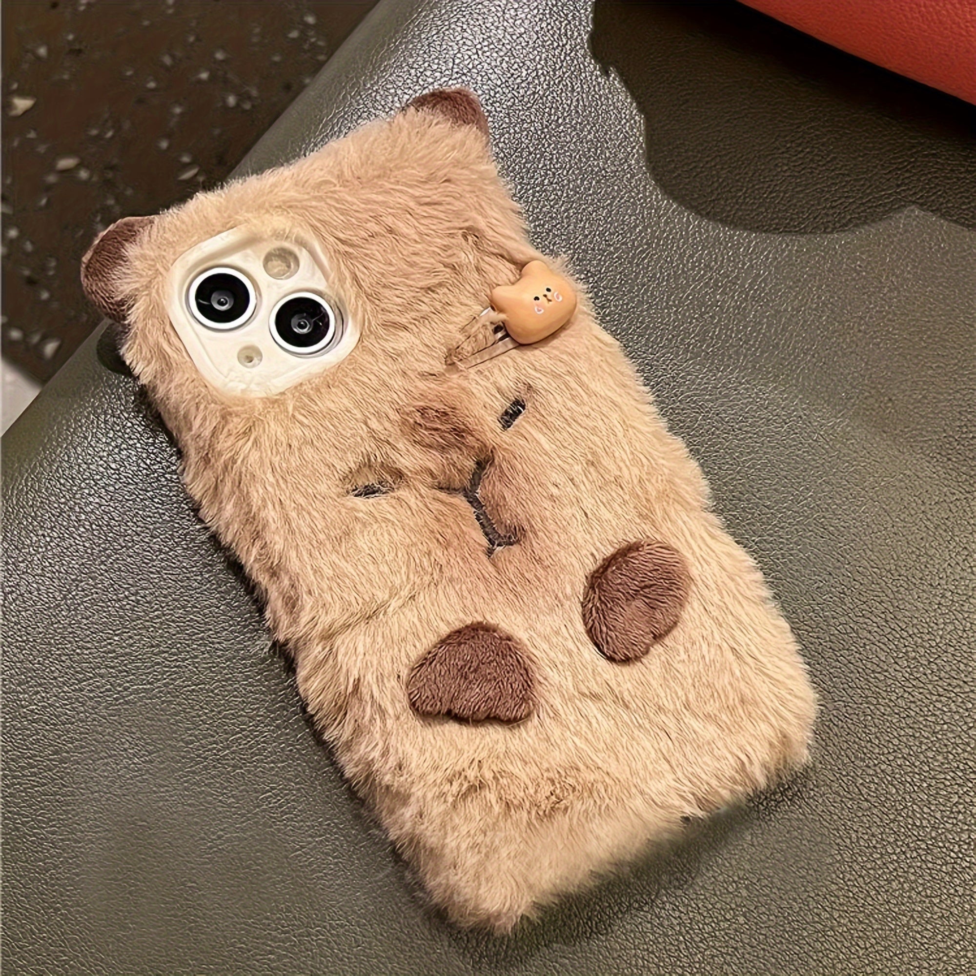 Plush Brown Hairpin Capybara Phone Case for iPhone 13 14 15 with Anti-Fall Soft Material